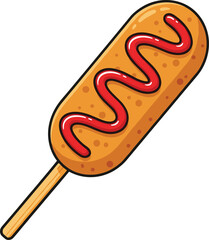 Cartoon Vector Illustration of Classic Corn Dog Topped with Ketchup or Mustard, a Popular American Street Food and Fair Snack, Isolated on White Background.
