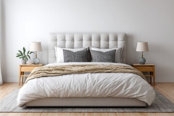 Cozy bedroom with tufted headboard and neutral bedding creates a relaxing space.