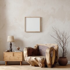 Rustic wooden chair and side table with blank frame and lamp on wall.