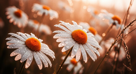 Dewdrops on white daisies at sunrise
