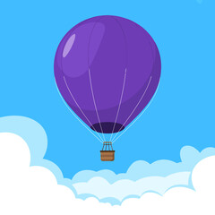 Fototapeta premium Whimsical Purple Hot Air Balloon Ascending Through Fluffy Clouds Against a Clear Blue Sky Dreamlike and Serene Illustration
