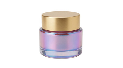 Iridescent cosmetic jar with golden lid isolated PNG on transparent background, holographic cream container for beauty and skincare product mockup