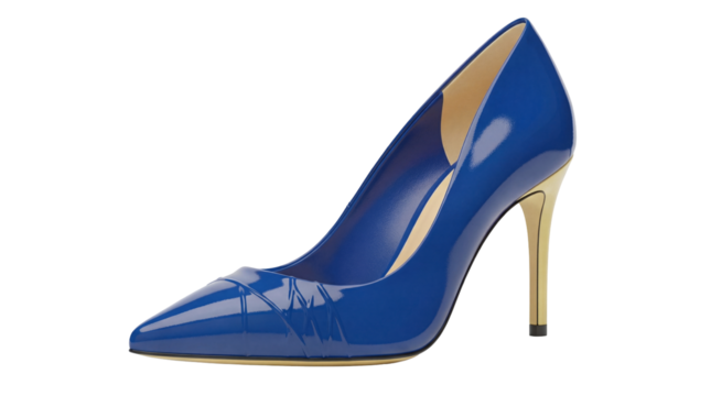 Elegant blue patent leather stiletto heel pump isolated PNG, fashion footwear for women on transparent background