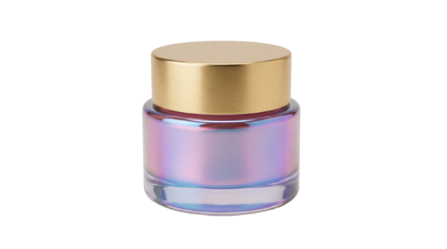 Iridescent cosmetic jar with golden lid isolated PNG on transparent background, holographic cream container for beauty and skincare product mockup