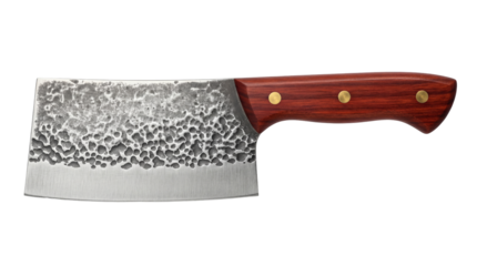 Hand forged meat cleaver PNG isolated on transparent background, rustic butcher knife with wooden handle for cooking and food preparation