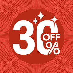 Sale Promotion with Thirty Percent Off Discount Offer and Star Accents on a Red Background for Advertising Purposes