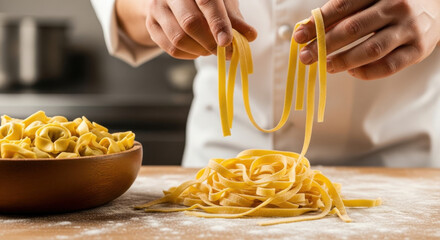 Freshly Made Pasta and Tortellini on a Floury Surface