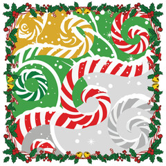 Colorful illustration of peppermint candies and candy canes arranged with festive holly on a snowy background.