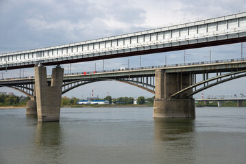Fototapeta premium Fragments of two bridges over the Ob River. Novosibirsk. Russia