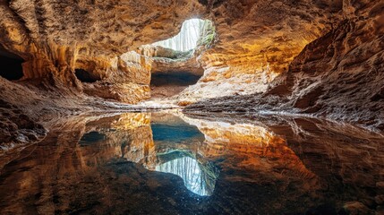 Reflections in the Grotto - A Stunning Cave Interior with Water Mirroring the Rock Formations.