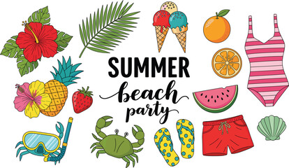 Hand Drawn Summer Beach Party Vector Elements Collection Featuring Tropical Flowers, Fruits, Ice Cream, Crab, Snorkel Mask, and Swimwear for Holiday Design