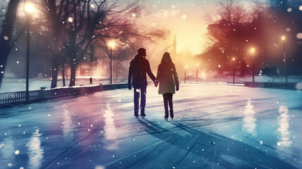 Couple walking hand in hand in winter attire enjoying a day of ice skating at dusk with streetlights for romantic winter scene