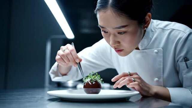 Chef garnishing dessert with microgreens using precision tools - Powered by Adobe