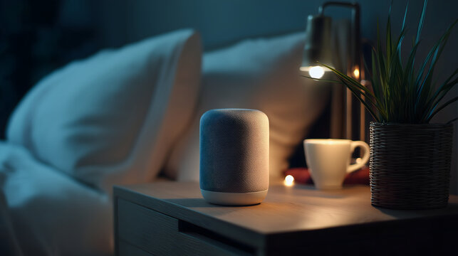voice assistant device on bedside table