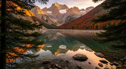 Serene mountain lake reflection during autumn sunrise