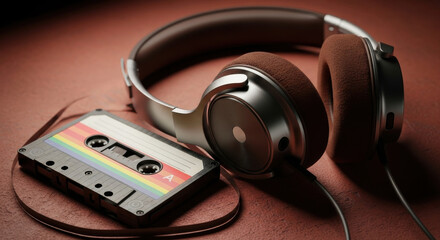 Retro headphones and cassette tape music still life