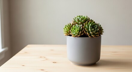 Small Potted Succulent on Wooden Table by Window – Indoor Plant Decor Concept