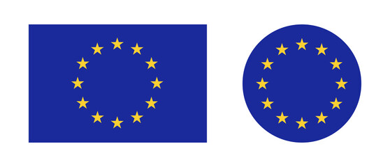 Set of European Union rectangular, round flag. Flag of EU collection, yellow stars on blue circle, rectangle. European Union flag flat push button, badge, backdrop.