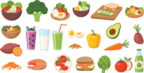 Healthy Diet and Organic Food Vector Collection Featuring Fresh Salad, Vegetables, Fruits, Smoothies, Salmon, Eggs, and Avocados for Nutrition Design