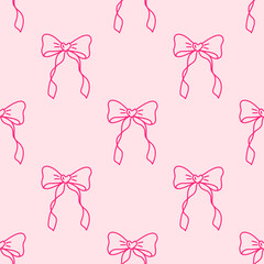 Pink seamless pattern with hand drawn bows featuring coquette aesthetic ribbons on soft pastel background for girly decorative projects.