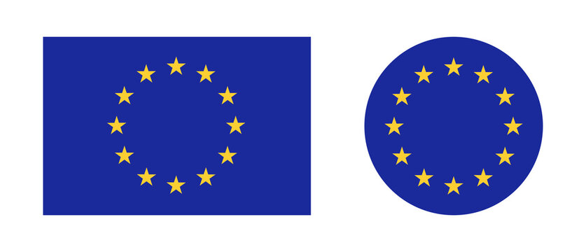 Set of European Union rectangular, round flag. Flag of EU collection, yellow stars on blue circle, rectangle. European Union flag flat push button, badge, backdrop.