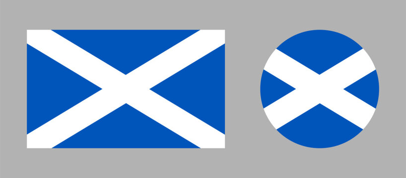 Scotland rectangular, round flag set. Scottish circle, rectangle symbol. Flag button, banner, icon, background. National sign badge.