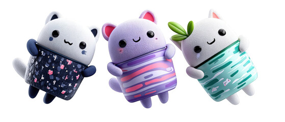 Three adorable cartoon-like animal figures in vibrant colors, playfully posed against a white background