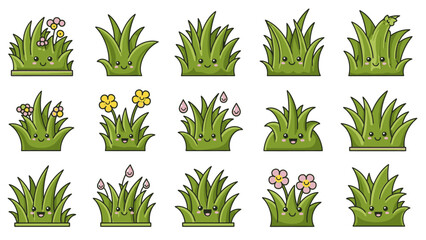 Cartoon Grass Patches Collection with Flowers and Smiling Faces