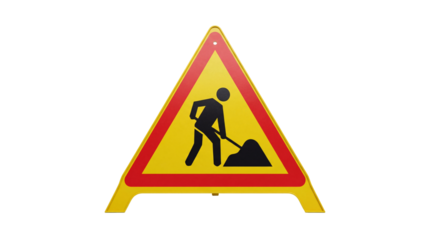 Road work sign PNG isolated on transparent background, yellow and red triangle warning sign for construction and street maintenance
