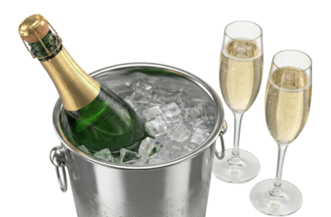 Champagne bottle in ice bucket and two glasses. High angle view