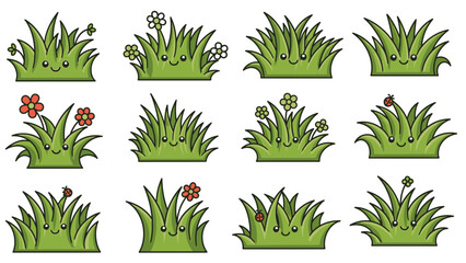 Cute Kawaii Grass Patches with Flowers and Ladybug Cartoon Vector Collection