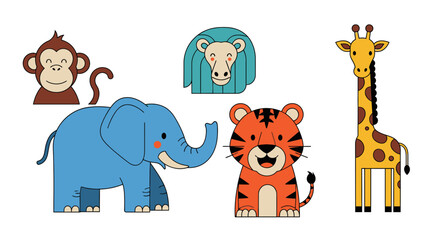 Cute Cartoon Animals Illustration Set Monkey Elephant Lion Tiger Giraffe