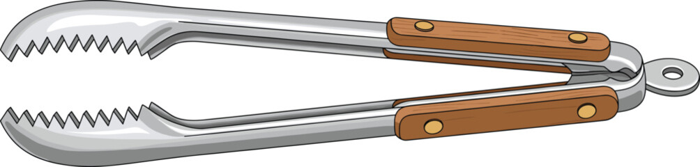 Stainless Steel Barbecue and Kitchen Tongs Vector Illustration with Wooden Handles, Perfect for Grilling, Cooking, Serving, and Food PreparationStainless Steel Barbecue and Kitchen Tongs Vector 