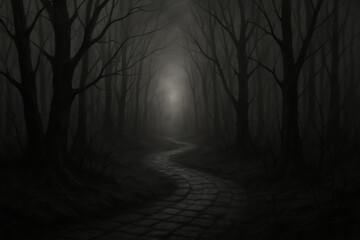 Haunted woodland with dark twisted trees misty road concept of eerie mystery ghost story fantasy nightmare spooky and chilling adventure