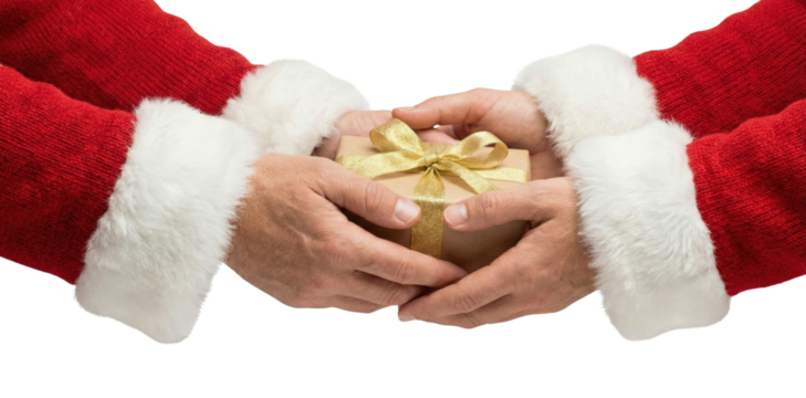Santa hands giving wrapped gift box. Christmas sharing concept