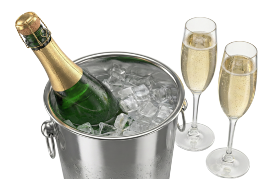 Champagne bottle in ice bucket and two glasses. High angle view