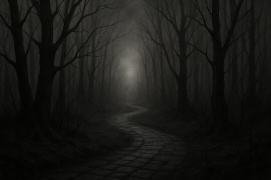 Haunted woodland with dark twisted trees misty road concept of eerie mystery ghost story fantasy nightmare spooky and chilling adventure - Powered by Adobe