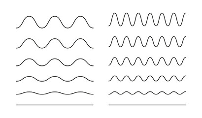 Wavy, curvy black lines. Undulate simple borders, transverse horizontal lines. Water, river, lake, sea, ocean symbols. Sine, fluid, air, wind signs. Graphic outline illustration on white background.