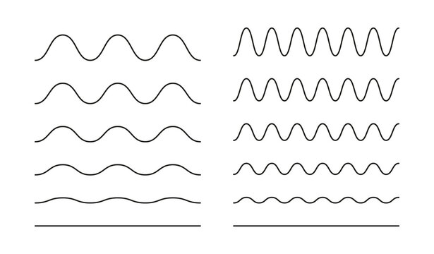 Wavy, curvy black lines. Undulate simple borders, transverse horizontal lines. Water, river, lake, sea, ocean symbols. Sine, fluid, air, wind signs. Graphic outline illustration on white background.