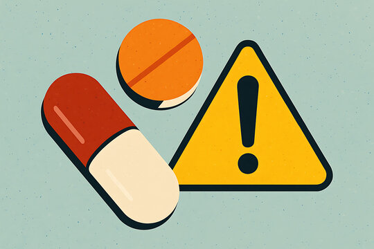 Medical pills and danger warning sign representing healthcare risks drug safety caution awareness toxicity and responsible usage