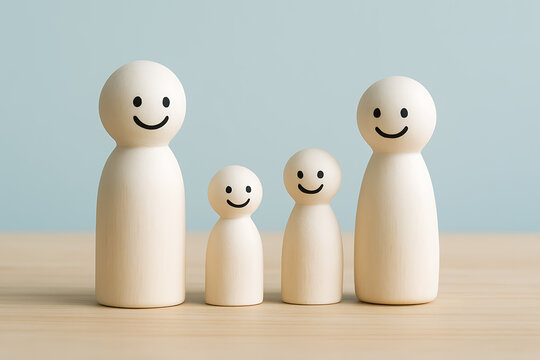 Minimal wooden puppet family group representing parent child relationship family values love and bonding on wooden desk background