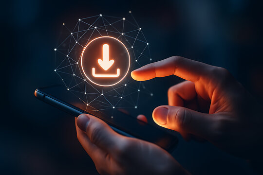 Modern user holding smartphone with glowing download hologram representing data transfer storage cloud technology and mobile system communication innovation