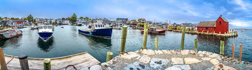 Town of Rockport on Cape Ann harbor and colorful cottages panoramic  view, famous summer tourist destination in Massachusetts