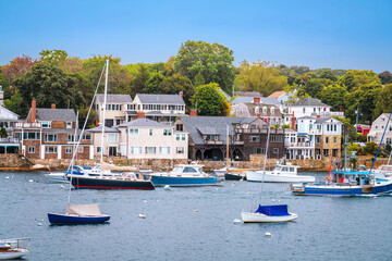 Town of Rockport on Cape Ann harbor and waterfront view, famous summer tourist destination in Massachusetts