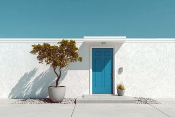 Modern home entrance with blue door and potted tree.