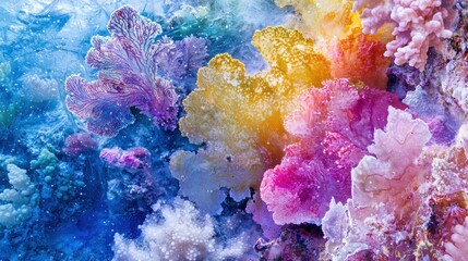 Vibrant underwater coral reef with diverse colors and intricate formations.