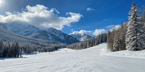 Sunny Winter Ski Resort With Snowy Slopes And Mountain Landscape .