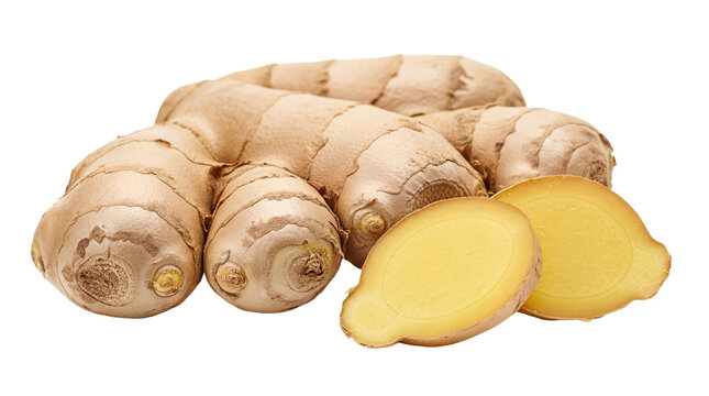 Fresh ginger root and slices isolated PNG, healthy spice with natural medicinal properties on transparent background