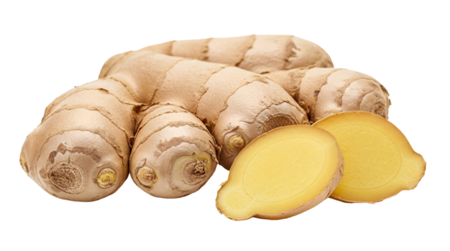 Fresh ginger root and slices isolated PNG, healthy spice with natural medicinal properties on transparent background
