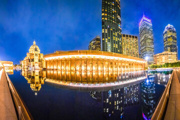 Boston, MA. Reflecting Pool at the Christian Science Plaza in Boston evening view